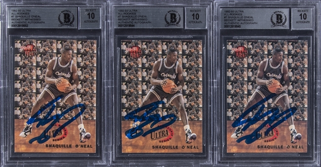 1992-93 Ultra All-Rookies #7 Shaquille ONeal Signed Rookie Card Trio (3) - All BGS 10 Autos